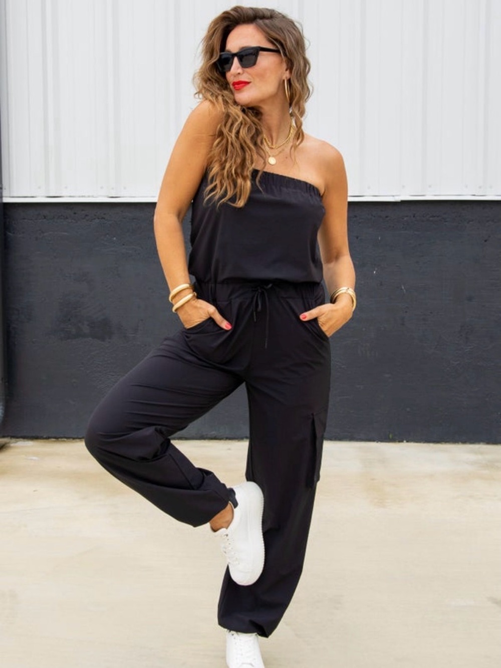 Sporty Chic Strapless Cargo Black Women's Jumpsuit | Like New | Large